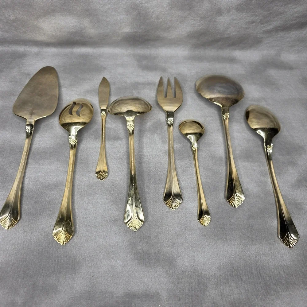 (X8) International Silver INS398 Gold Electroplate Varied Serving Flatware Vtg